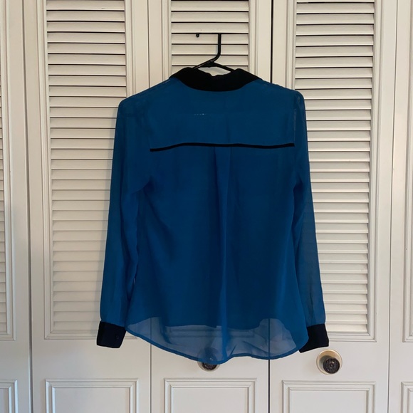 🍁Mine Turquoise & Black Long Sleeve Sheer Button Down Blouse Size Small - Picture 2 of 2